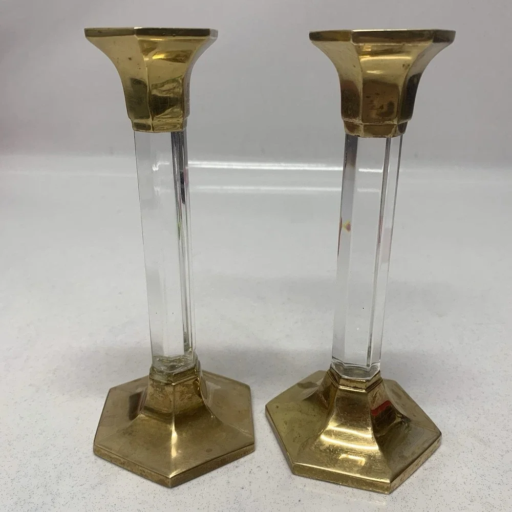 Vintage Party Lite Brass Lucite Candlestick Holders‎ Pair 7